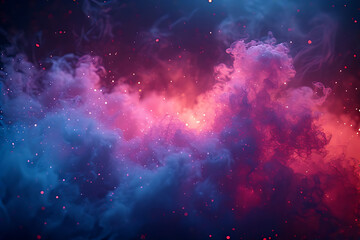 Naklejka premium A cosmic dance of purple and blue nebula clouds illuminated by a radiant orange and red glow creates a breathtaking space vista