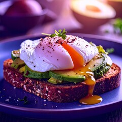 Poached egg atop crispy rye toast with bright avocado chunks, all bathed in warm morning sunlight that highlights the creamy textures and fresh, vibrant colors of the wholesome breakfast.