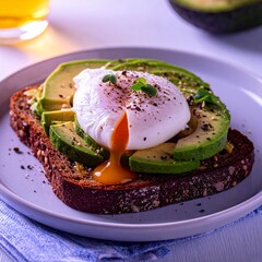 Poached egg atop crispy rye toast with bright avocado chunks, all bathed in warm morning sunlight that highlights the creamy textures and fresh, vibrant colors of the wholesome breakfast.