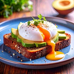 Poached egg atop crispy rye toast with bright avocado chunks, all bathed in warm morning sunlight that highlights the creamy textures and fresh, vibrant colors of the wholesome breakfast.
