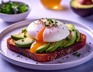 Poached egg atop crispy rye toast with bright avocado chunks, all bathed in warm morning sunlight that highlights the creamy textures and fresh, vibrant colors of the wholesome breakfast.