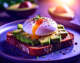 Poached egg atop crispy rye toast with bright avocado chunks, all bathed in warm morning sunlight that highlights the creamy textures and fresh, vibrant colors of the wholesome breakfast.
