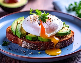 Poached egg atop crispy rye toast with bright avocado chunks, all bathed in warm morning sunlight that highlights the creamy textures and fresh, vibrant colors of the wholesome breakfast.