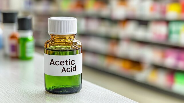 A close-up of a bottle labeled 'Acetic Acid,' showcasing its vibrant green liquid against a blurred pharmacy background.