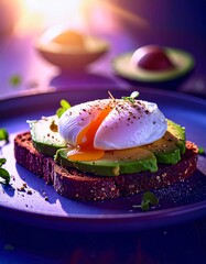 Poached egg atop crispy rye toast with bright avocado chunks, all bathed in warm morning sunlight that highlights the creamy textures and fresh, vibrant colors of the wholesome breakfast.