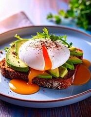Poached egg atop crispy rye toast with bright avocado chunks, all bathed in warm morning sunlight that highlights the creamy textures and fresh, vibrant colors of the wholesome breakfast.