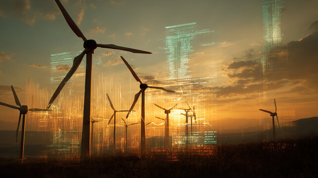 Wind turbines at sunset with digital overlay, perfect for renewable energy photography - Powered by Adobe