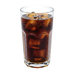 A tall refreshing glass of cola beverage filled with ice cubes and sparkling bubbles