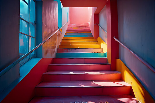 Empty long hotel hallway with a grand staircase leading to the light