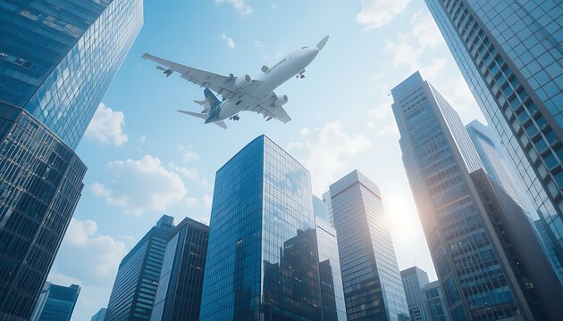 An airplane soars between towering skyscrapers in a bustling city, framed by the clear blue sky above the urban landscape