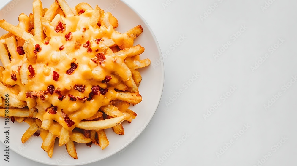 Poster loaded cheese fries on left side with clean white background and ample empty space for branding or t