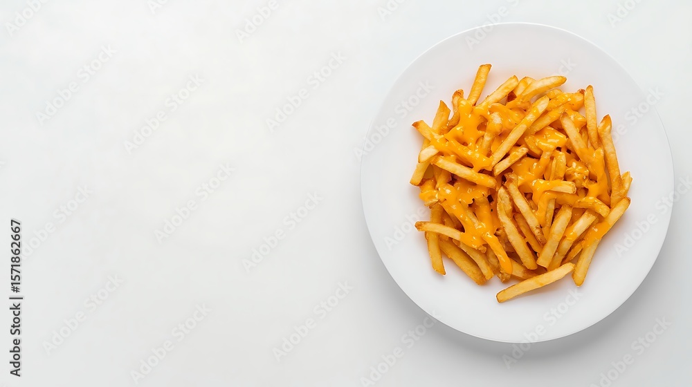Poster loaded cheese fries on left side with clean white background and ample empty space for branding or t