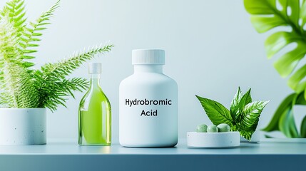 A laboratory scene featuring a white bottle labeled Hydrobronic Acid among leafy plants and glassware, symbolizing chemistry.