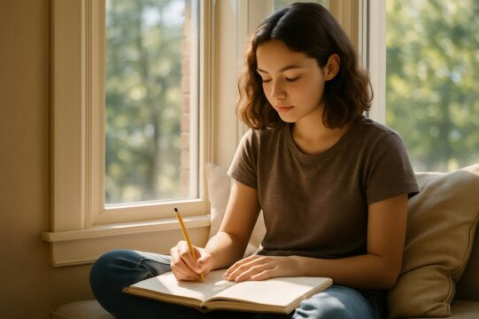 Focused student writes in a notebook, seated by a sunlit window. The serene setting offers a peaceful environment for study and reflection - Powered by Adobe