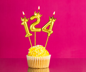 Yellow birthday cupcake with a number 124 candle - Birthday card on a pink background