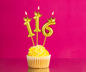 Yellow birthday cupcake with a number 116 candle - Birthday card on a pink background