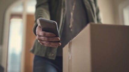 Business Mobile Payments Cardless Person Holding Smartphone Above Delivery Package at Home Setting
