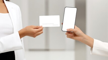 Business Mobile Payments Cardless Business transaction between two professionals with card and smartphone