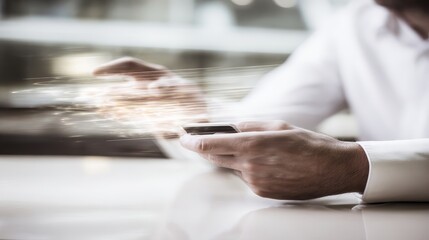 Business Mobile Payments Cardless Hands using smartphone with magical light effects in cafe setting