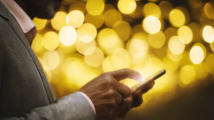 Business Mobile Payments Cardless Man Using Smartphone Against Bokeh Lights in Evening Setting