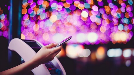 Business Mobile Payments Cardless Hand Holding Smartphone Against Colorful Blurry Light Background