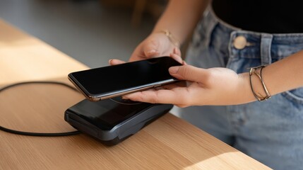 Business Mobile Payments Cardless Person Using Smartphone on Wireless Charger at a Wooden Table