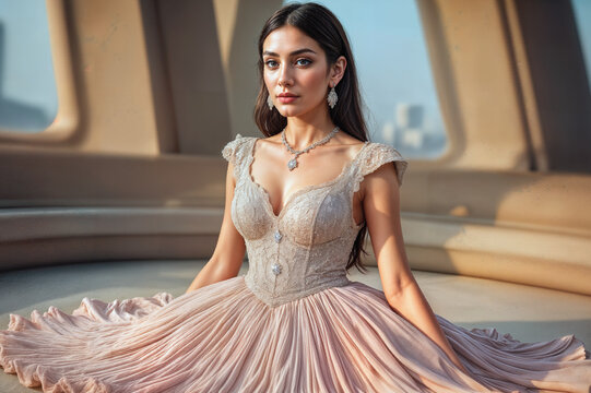 Elegant woman in soft dress posing gracefully indoors