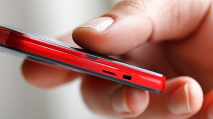Business Mobile Payments Cardless Close-up of Hand Holding a Sleek Red Smartphone with Buttons Visible