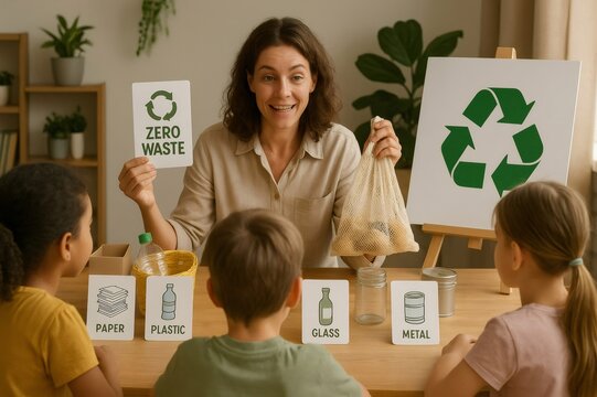 Elementary school teacher holding a zero waste sign and a reusable bag with vegetables, explaining recycling to children