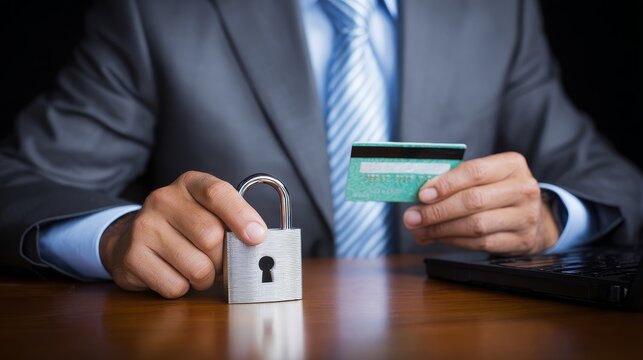 Business Mobile Payments Cardless Secure Payment Concept with Padlock and Credit Card in Office Setting - Powered by Adobe