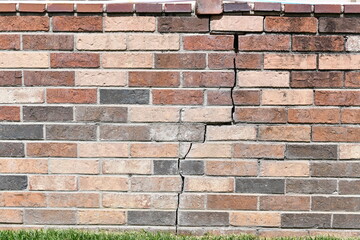 Large vertical crack in brick wall.