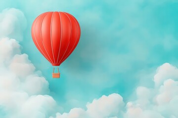 Fototapeta premium Watercolor painting of red hot air balloon flying across blue sky dotted with clouds, copy space 