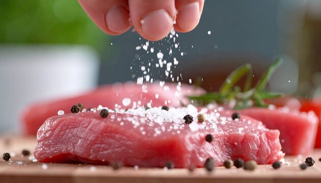 Raw steak being seasoned with salt - Powered by Adobe