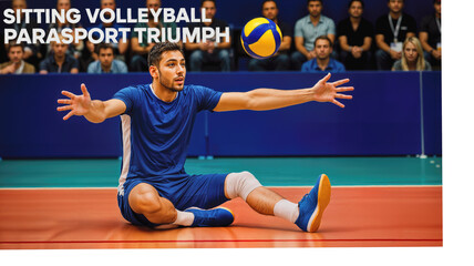Sitting volleyball player reaching for ball in sports arena