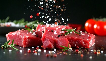 Raw beef steaks seasoned with salt and pepper, herbs, and spices