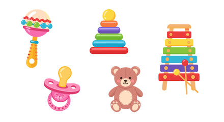 Fototapeta premium Illustration of a rattle, stacking rings toy, pacifier, teddy bear, and xylophone on white background