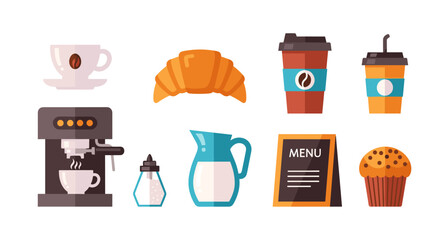Illustration of coffee shop items including coffee maker, pastry, and menu board arranged neatly