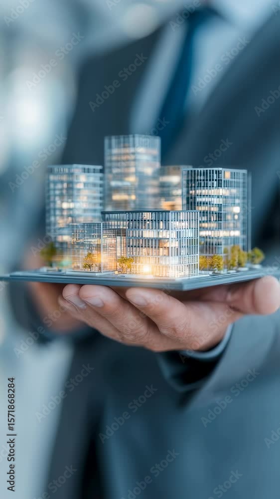 Poster in a sleek office environment a professional holds a miniature smart building enriched with augmente