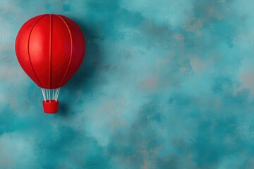 Obraz premium Watercolor painting of red hot air balloon flying across blue sky with clouds, copy space