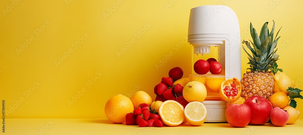 Poster a high-tech fruit and vegetable cleaner positioned right against muted yellow background with ample 