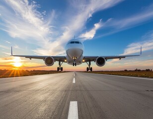 Fototapeta premium airplane lands on the airport runway at sunset