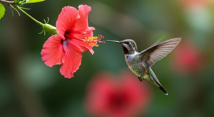 Close-up of hummingbirds and tropical blossoms in Guatemala during spring &ndash; detailed macro shot, vivid nature photography
