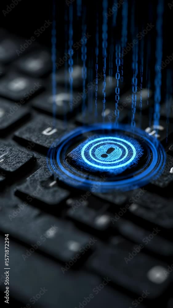 Poster closeup view of a laptop showing a red alert icon surrounded by abstract binary code graphics convey