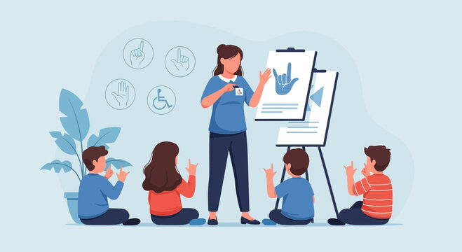 Accessible Education Teacher Teaches Children Sign Language in a Classroom