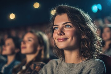 Fototapeta premium Ultra-Realistic Confident Young Woman Along with Her Partner Watching a Movie in a Cinema Hall - Entertainment and Date Night.