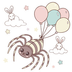 Delightful Relaxed Spider in a Soft pastel scene with floating with balloons – Soft Pastel vector illustration