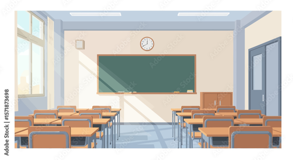 Poster empty classroom with desks and blackboard for remote learning concepts