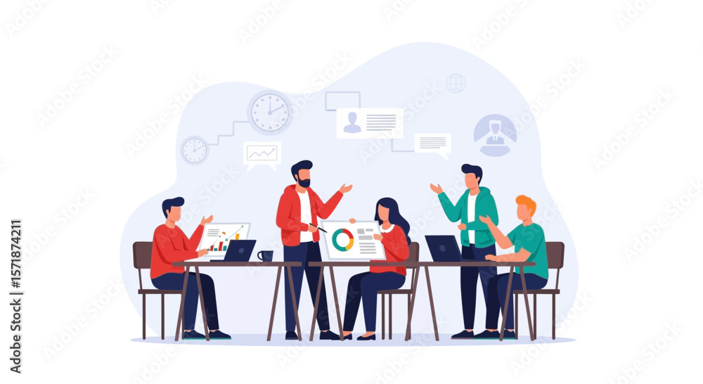 Poster energetic business team brainstorming strategy with data presentation and communication