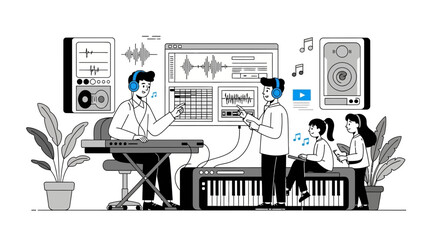 Obraz premium Creative Music Production Team Work Together On A Digital Audio Workstation