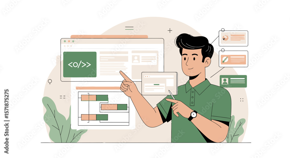 Poster creative project manager presenting website interface and coding elements